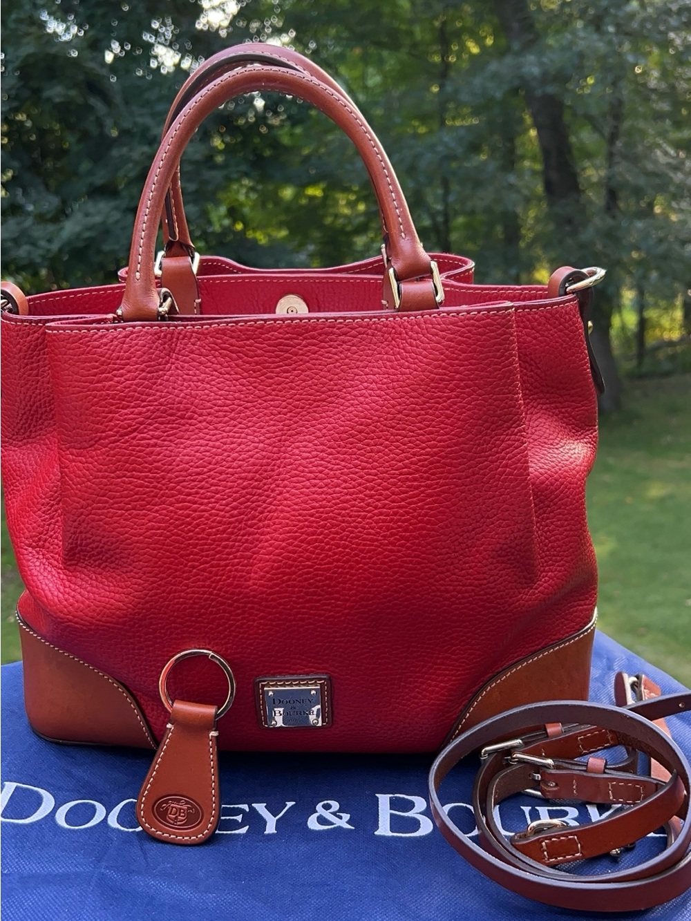 Dooney & Bourke Red Pebbled Leather Satchel with Brown Accents